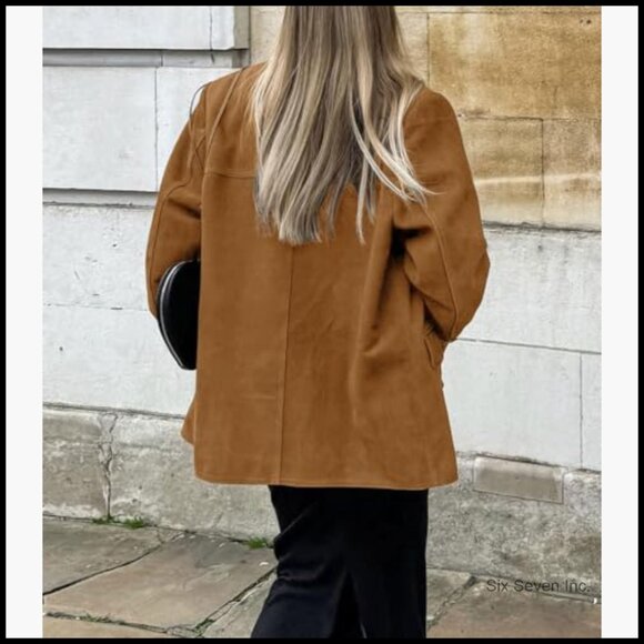 Faux Suede Leather Blazer Jacket Oversized Bomber Coat Fall Winter - Picture 4 of 5